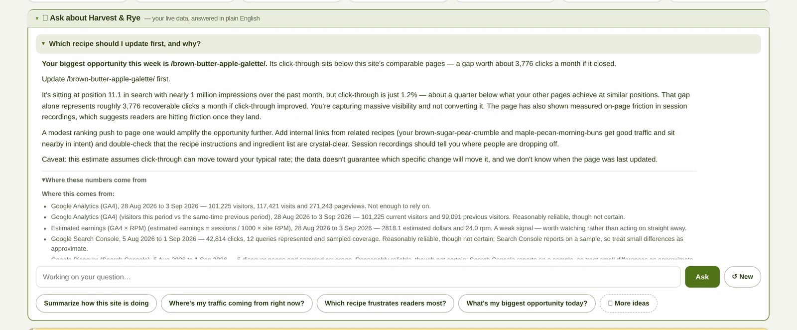 Analytics TV AI Ask panel showing a generated answer with its citation list expanded